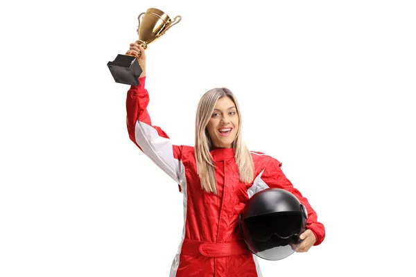 Young female car racer with a golden trophy cup — Stock Photo, Image