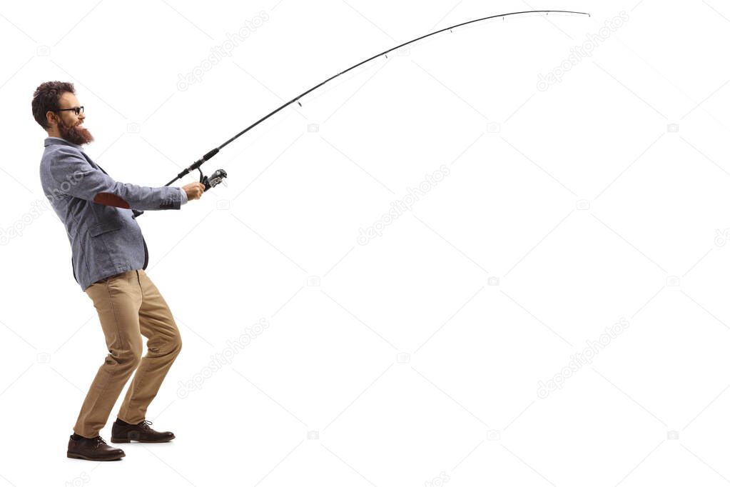 Casual man pulling a fishing rod 