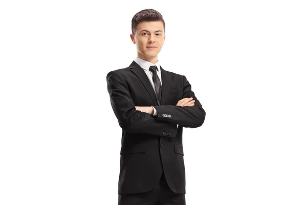 Niño en un elegante traje posando con las manos cruzadas —  Fotos de Stock