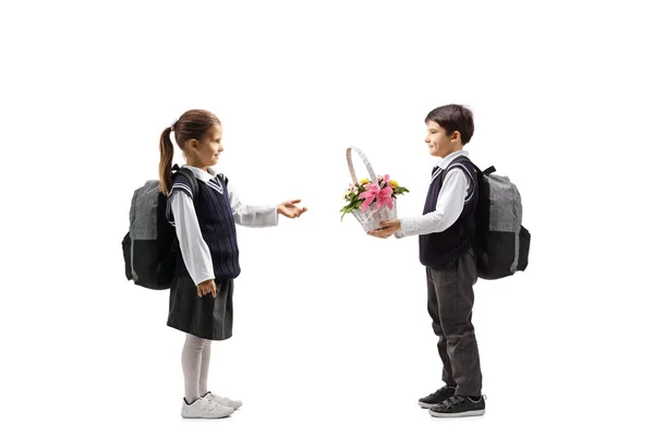 Écolier donnant un panier avec des fleurs à une écolière — Photo