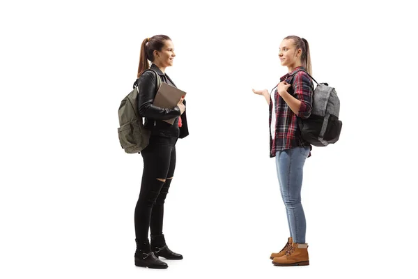 Deux filles avec des sacs à dos parler — Photo