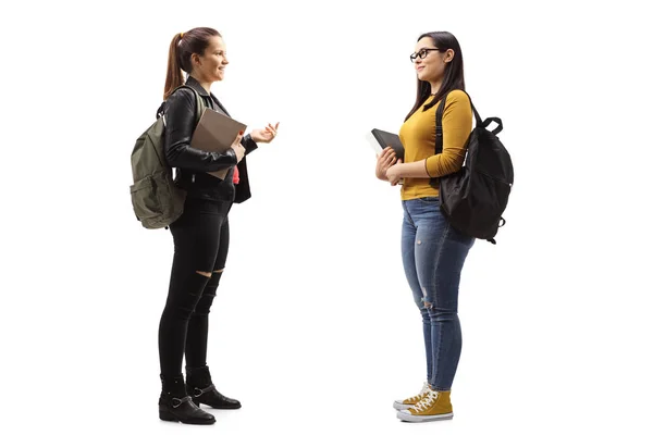 Twee vrouwelijke studenten met boeken en rugzakken die een gesprek voeren — Stockfoto