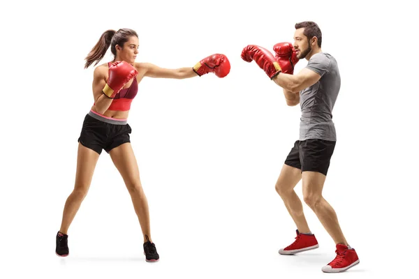 Joven hombre y mujer luchando con guantes de boxeo — Foto de Stock