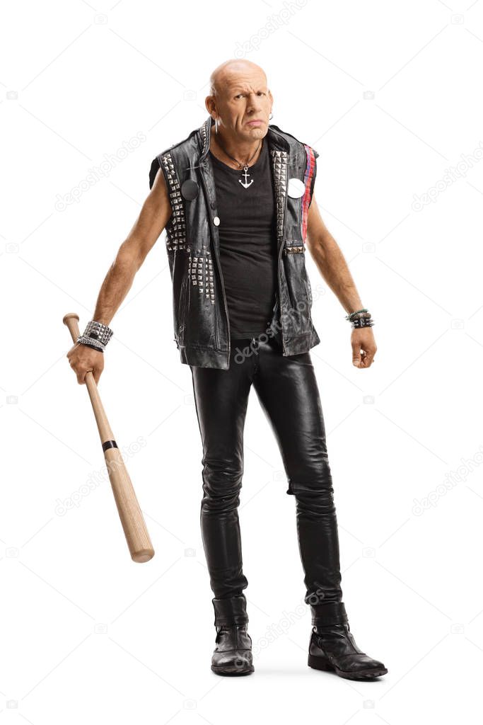 Angry bald man in leather clothes holding a bat
