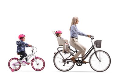 Mother riding a bicycle with a child and girl riding behind  clipart