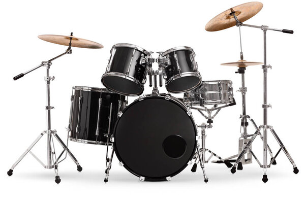 Studio shot of a black and silver drum kit isolated on white background