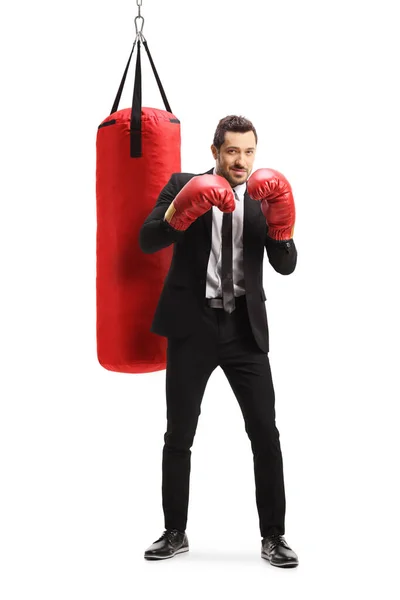 Uomo che indossa un abito e guanti da boxe e in piedi di fronte a un — Foto Stock