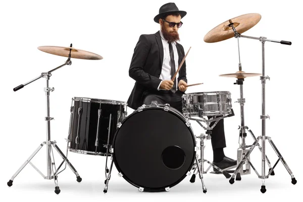 Elegante mannelijke drummer speelt drumkit — Stockfoto