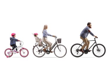 Father, mother and two girls riding a bicycle with a child clipart