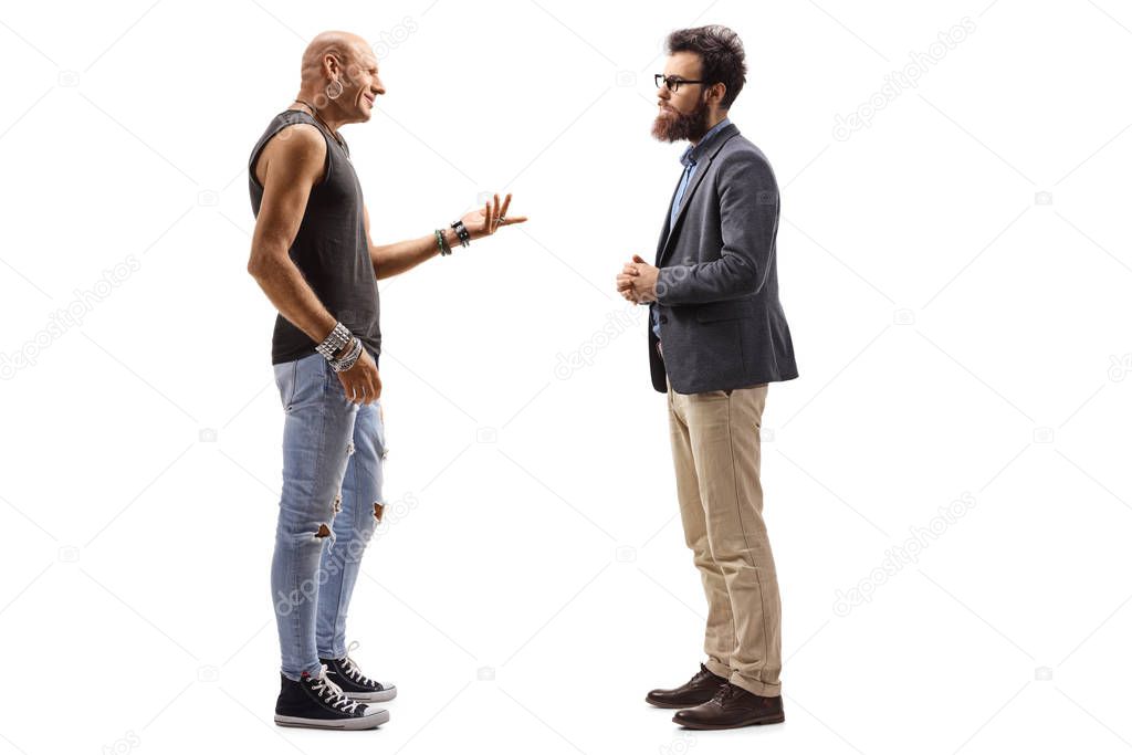 Male hipster talking to a bearded man