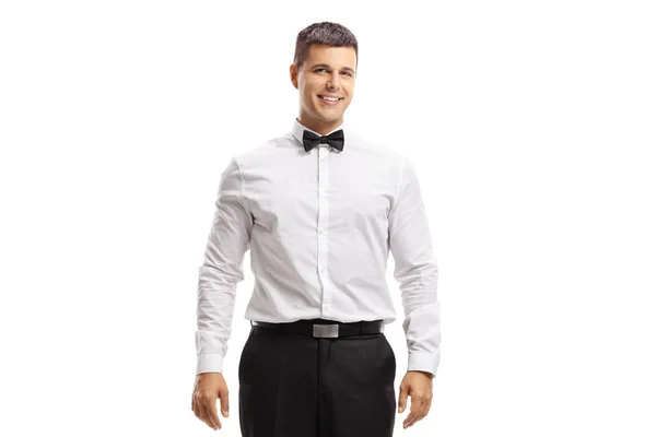 Jongeman draagt een wit shirt en een strikje — Stockfoto