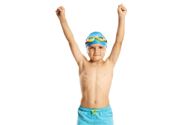 Child swimmer holding his hands up — Stock Photo, Image