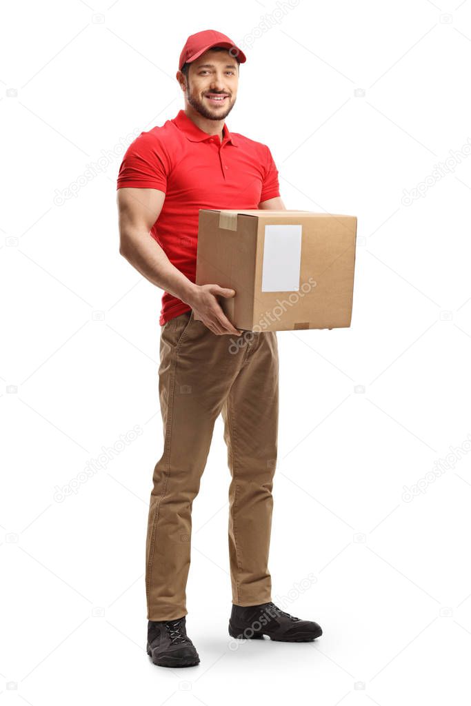 Ful length portrait of a delivery man holding a box 