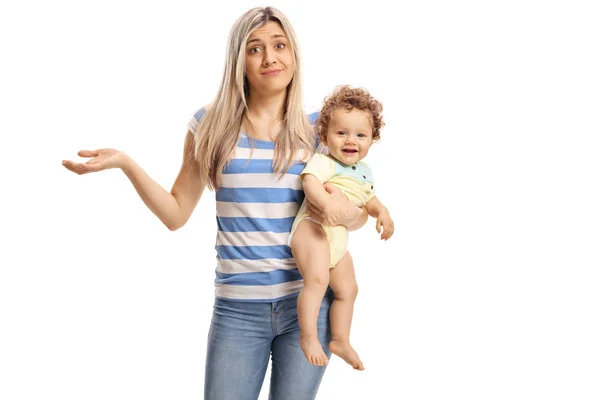 Young mother with a baby boy not sure what to do — Stock Photo, Image