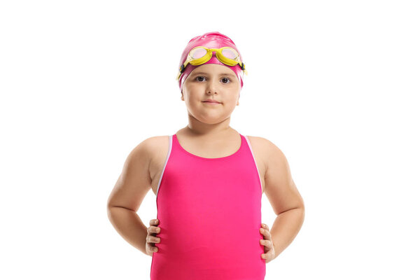 Girl in a swimming suit, cap and googles 