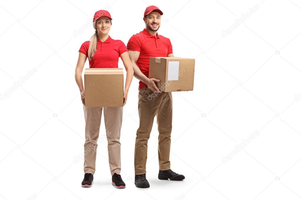 Delivery team of a man and woman holding packages
