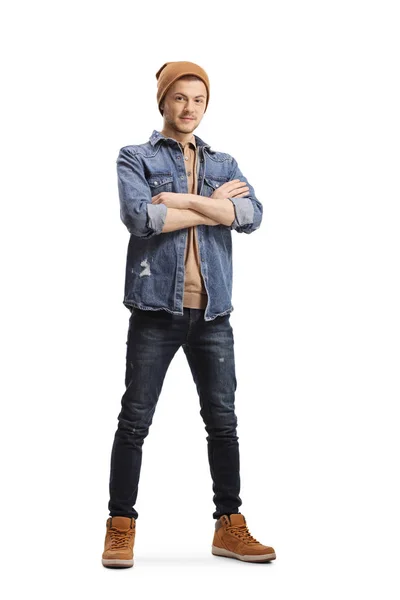 Killen i jeans och en yllehatt — Stockfoto