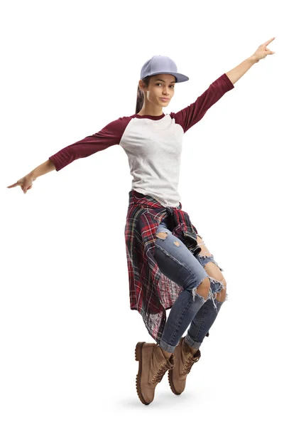 Girl dancing with arms and standing on tiptoes — Stock Photo, Image