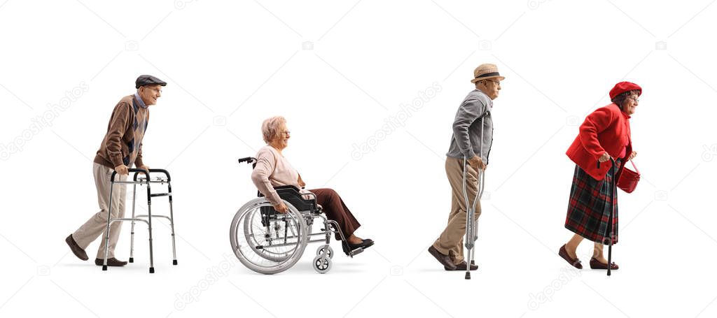 Group of senior people walking in a line with orthopedic equipme