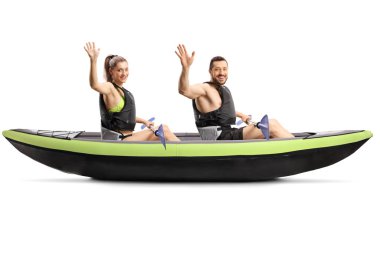 Young man and woman sitting in a kayak and waving at the camera clipart