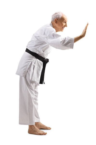 Senior karate master gesturing high five