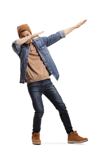 Jovem em roupas casuais fazendo uma pose dab — Fotografia de Stock