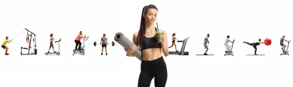 Spor kıyafetli genç bir kadın sağlıklı yeşil bir milkshake ve... — Stok fotoğraf