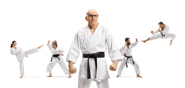 Starší mistr karate s černým opaskem pózující s lidmi cvičení — Stock fotografie