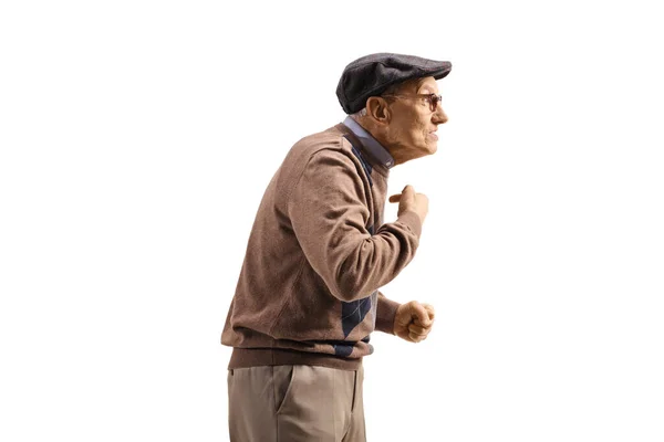 Profile shot of a tensed senior man pointing at himself — Stok fotoğraf