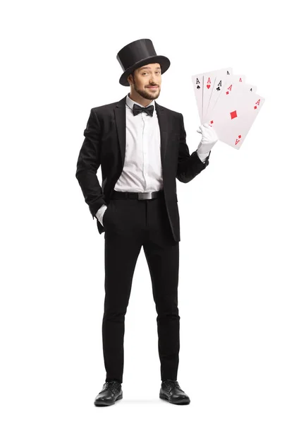 Magician with big playing cards — 스톡 사진