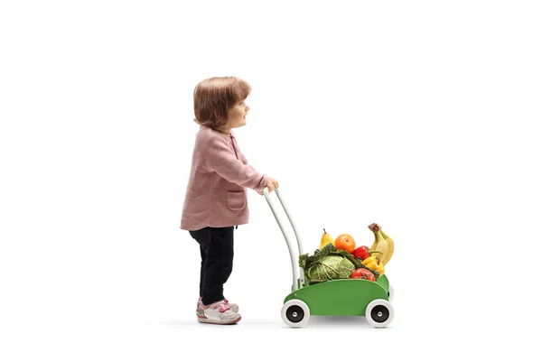 Little girl pushing a toy cart with fruits and vegetables — Stock Photo, Image
