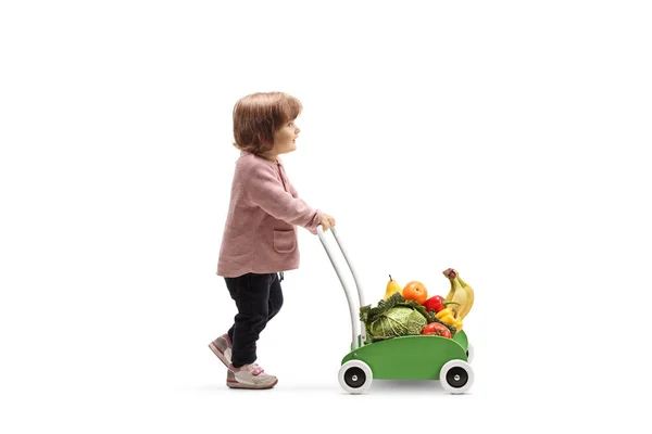 Toddler girl walking and pushing a toy cart with fruits and vege — Stock Photo, Image