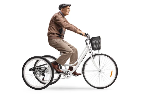 Senior Man Riding Tricycle Isolated White Background — Stock Photo, Image