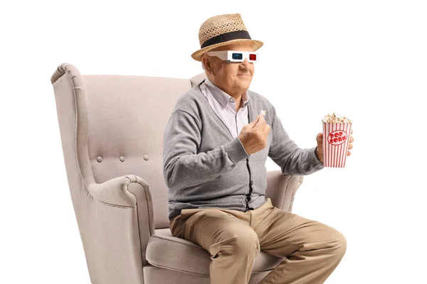 Elderly Man Glasses Popcorn Sitting Armchair Isolated White Background — Stock Photo, Image