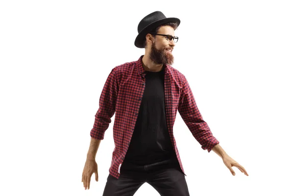 Homem Com Chapéu Fedora Sorrindo Olhando Para Lado Isolado Fundo — Fotografia de Stock