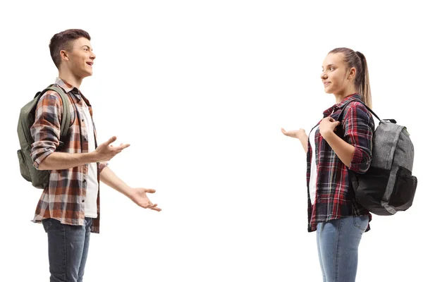 Estudiante Masculino Femenino Hablando Aislado Sobre Fondo Blanco — Foto de Stock