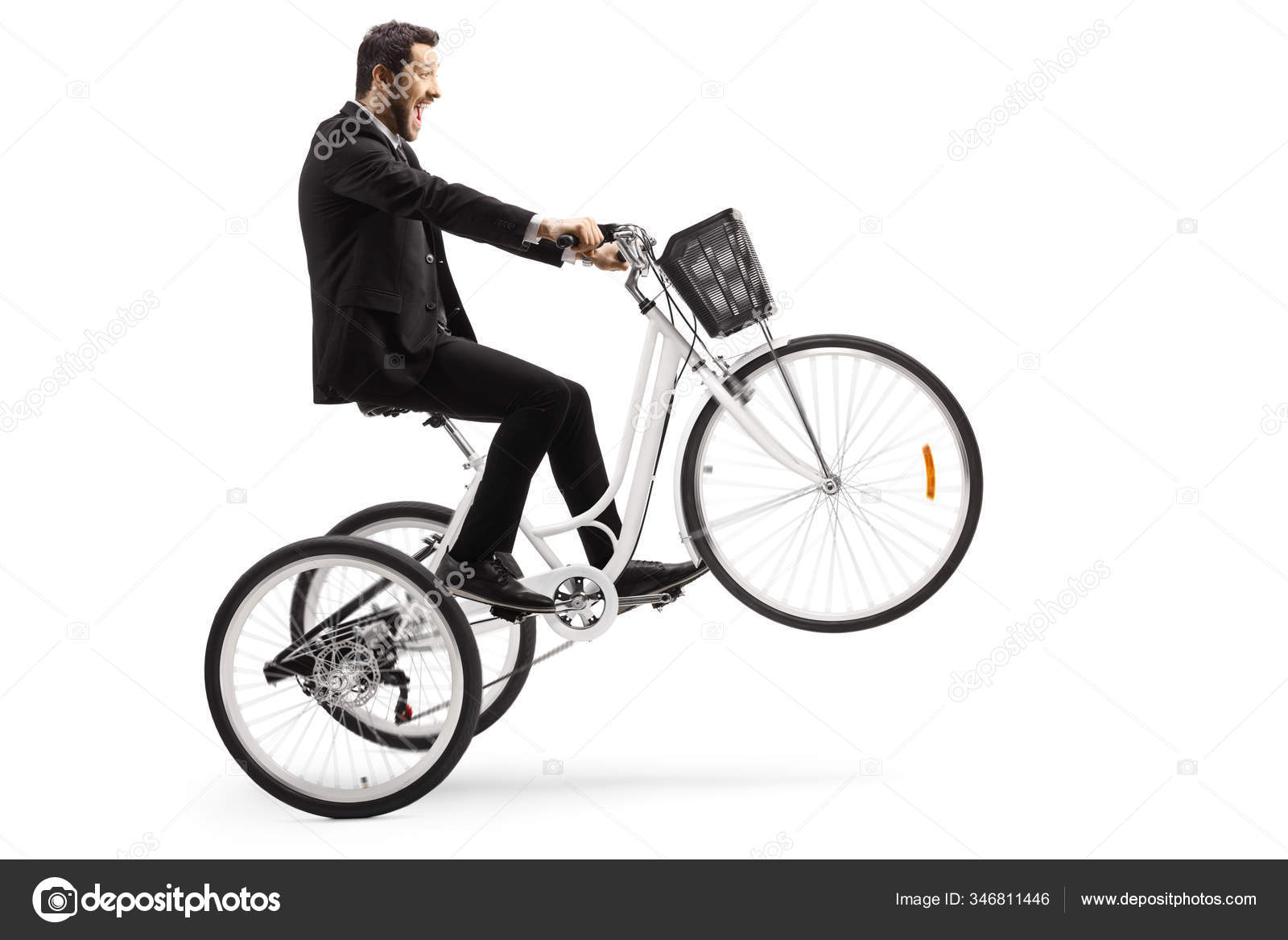 Man Suit Riding White Tricycle Front Wheel Isolated White Background Stock Photo by