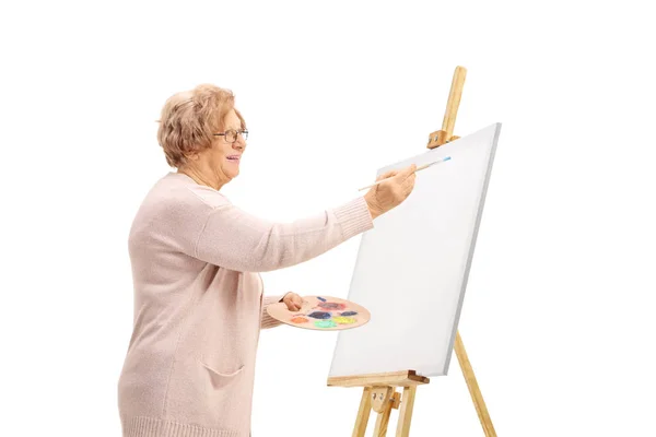 Elderly Woman Painting Canvas Isolated White Background — Stock Photo, Image