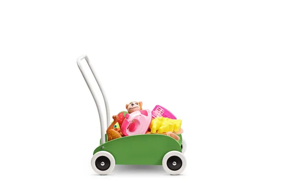 Malý Zelený Dřevěný Vozík Hračkami Izolované Bílém Pozadí — Stock fotografie
