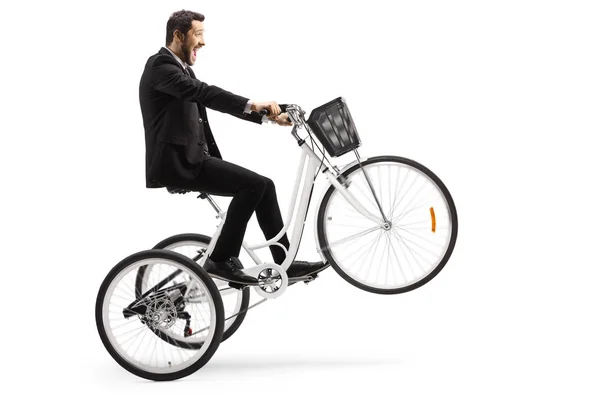 Man Suit Riding White Tricycle Front Wheel Isolated White Background — Stock Photo, Image