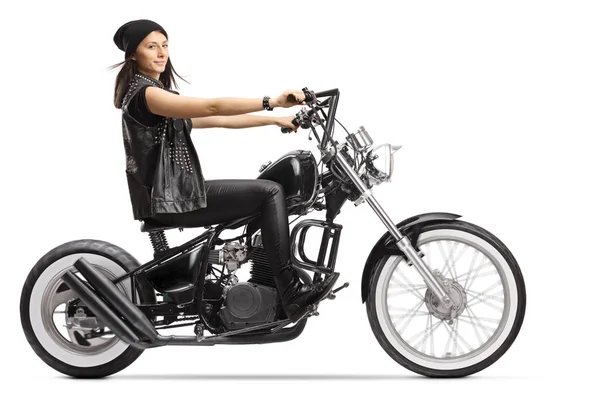 Female Biker Custom Black Chopper Isolated White Background — Stock Photo, Image