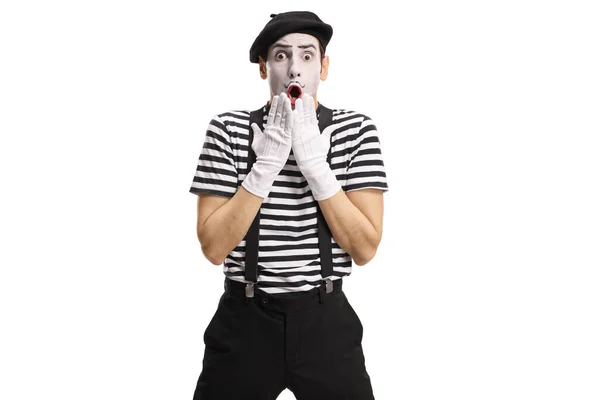 Verrast Pantomime Man Gebaren Met Handen Geïsoleerd Witte Achtergrond — Stockfoto