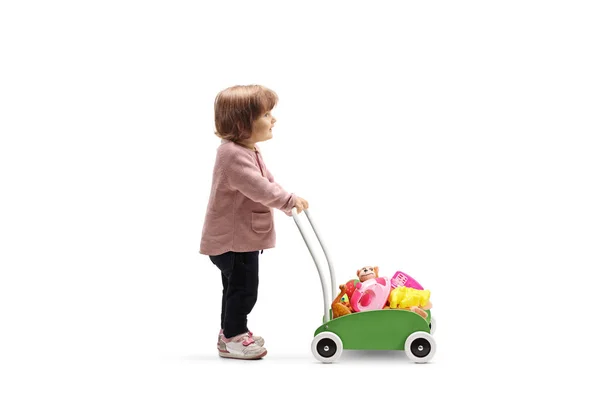 Full Length Profile Shot Toddler Girl Playing Cart Full Toys — Stock Photo, Image