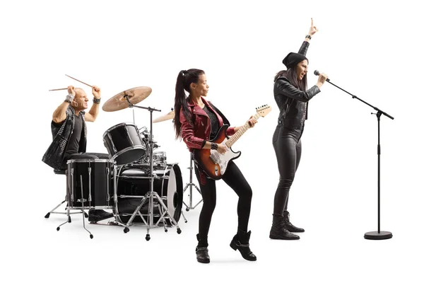 Rock Music Band Performing Female Front Singer Isolated White Background — Stock Photo, Image