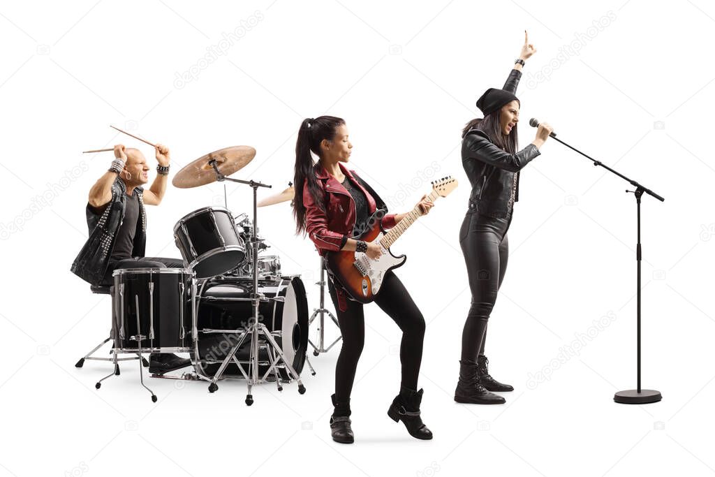 Rock music band performing with a female front singer isolated on white background