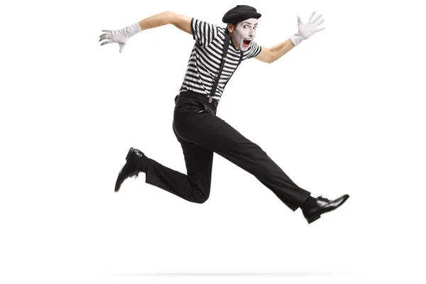 Happy Mime Springen Geïsoleerd Witte Achtergrond — Stockfoto