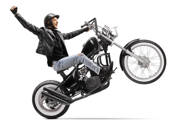 Happy Young Male Biker Riding Custom Motorbike One Wheel Gesturing — Stock Photo, Image
