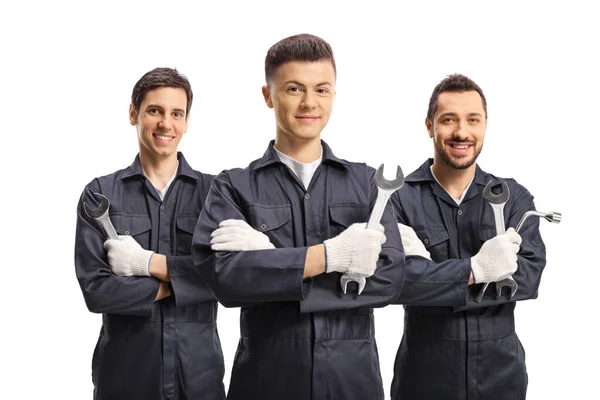 Skupina Mužských Pracovníků Uniformách Nástroji Izolovanými Bílém Pozadí — Stock fotografie