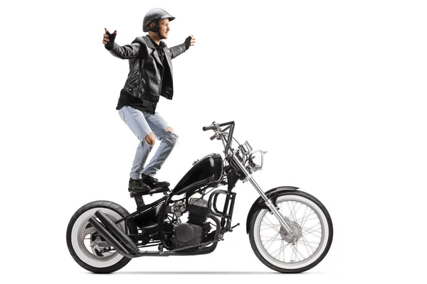Daredevil Riding Customized Motorbike Standing Seat Isolated White Background — Stock Photo, Image