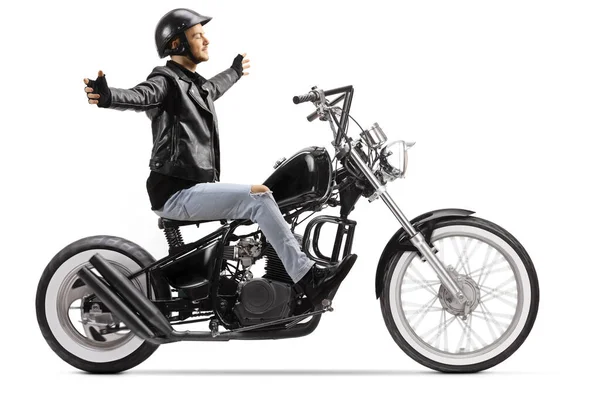 Young Biker Riding Custom Chopper Motorbike Hands Isolated White Background — Stock Photo, Image